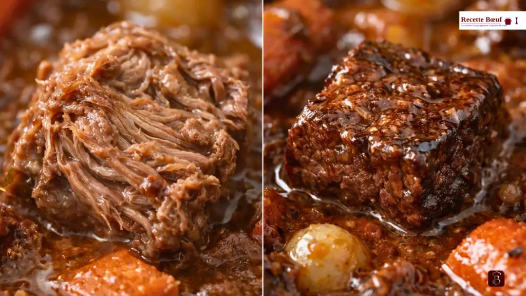 Comparaison texture viande bœuf bourguignon pression vs mijotage lent.