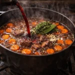 "Food photography action shot: pouring rich red wine into a hot cast iron cocotte to deglaze browned bits, then adding beef bouillon, thick carrot rondelles, fresh bouquet garni, salt and pepper, ingredients coming to a gentle boil, steam and bubbles visible, warm inviting light, highly detailed and realistic, 1200x720 landscape --ar 16:9 --v 5 --q 2"