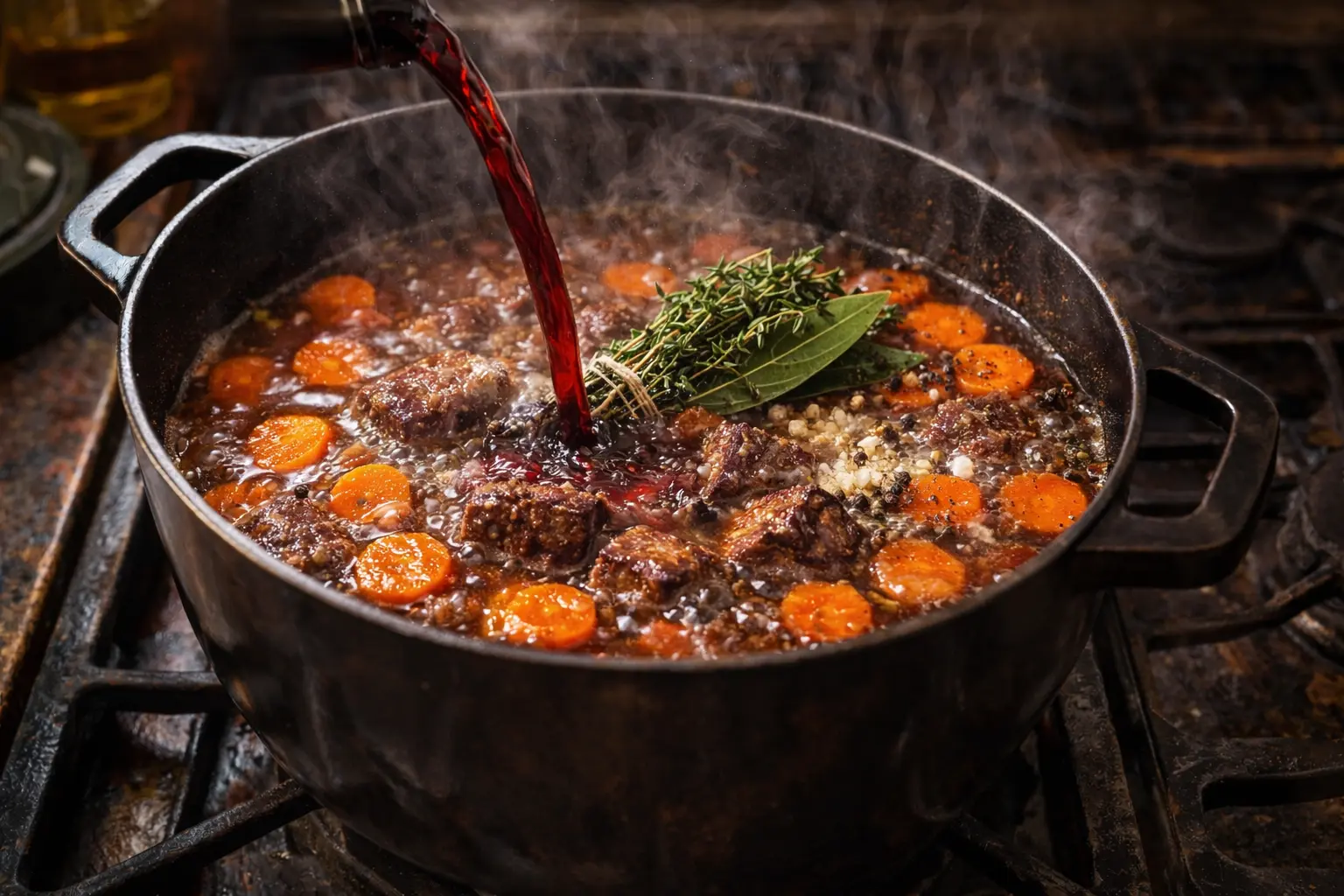 "Food photography action shot: pouring rich red wine into a hot cast iron cocotte to deglaze browned bits, then adding beef bouillon, thick carrot rondelles, fresh bouquet garni, salt and pepper, ingredients coming to a gentle boil, steam and bubbles visible, warm inviting light, highly detailed and realistic, 1200x720 landscape --ar 16:9 --v 5 --q 2"