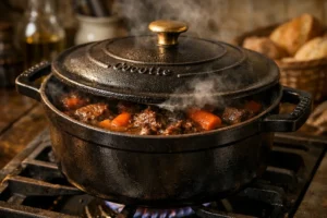 Cozy French kitchen scene: covered cast iron cocotte on stovetop simmering very gently on low heat for hours, subtle steam escaping from under the lid, tender beef and carrots visible through slight lift of lid, soft warm lighting, comforting atmosphere, high detail on pot and condensation, realistic food photography, 1200x720 landscape --ar 16:9 --v 5 --q 2