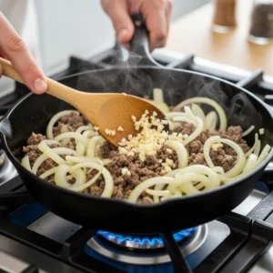 Bœuf haché sauté avec oignons et ail.