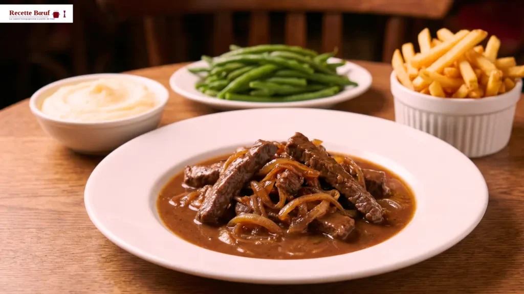 Bœuf aux oignons servi avec purée, haricots verts et frites façon bistrot parisien
