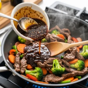 Légumes colorés qui cuisent dans un wok.