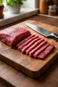 Lamelles de bœuf coupées finement contre les fibres sur une planche en bois