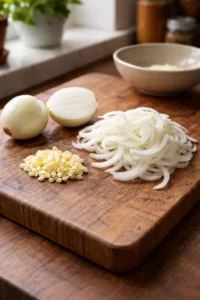Oignons émincés et ail haché prêts pour la recette