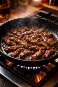 Lamelles de bœuf en train de saisir dans une poêle chaude