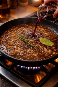 Déglacage des oignons au vin rouge avec thym et laurier dans la poêle