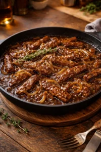 Bœuf aux oignons prêt à être servi dans une poêle façon bistrot