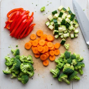 Légumes coupés pour une poêlée de bœuf haché.