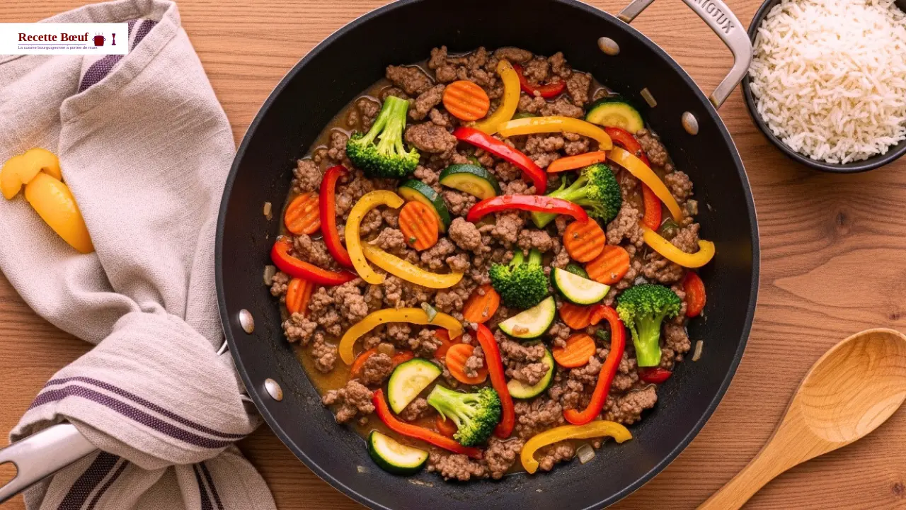 Poêlée de bœuf haché aux légumes colorés dans une grande poêle, prête pour un dîner rapide en 20 minutes.