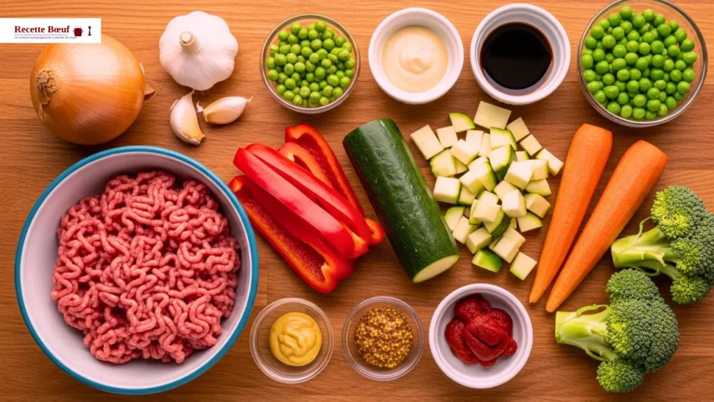Ingrédients pour une poêlée de bœuf haché aux légumes: viande hachée, poivron, courgette, carotte, brocoli, petits pois, oignon, ail et sauce.