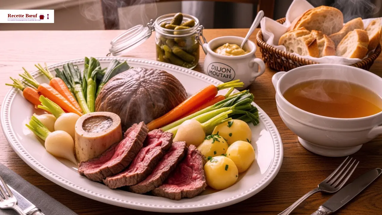 Pot-au-feu recette traditionnelle française served plat famille dimanche moutarde cornichons