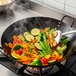 Sauce versée sur bœuf et légumes dans la poêle.