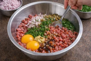 Assembler : Dans un bol froid, mélangez viande