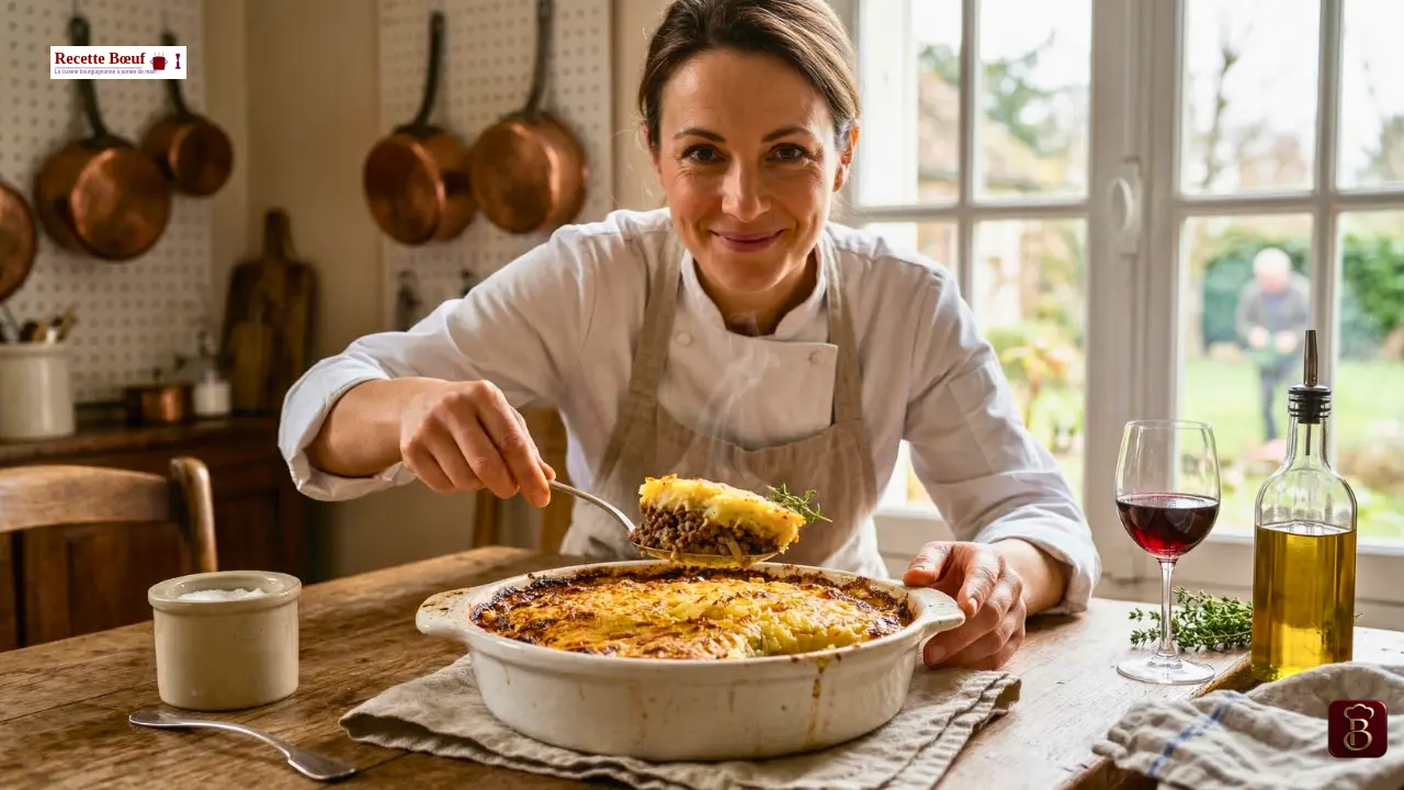 Hachis parmentier au bœuf gratiné avec purée maison et croûte dorée dans un plat familial.