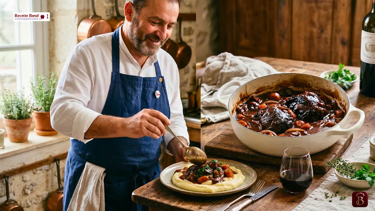 Joue de bœuf au Cookeo servie avec sauce au vin rouge et purée de pommes de terre.