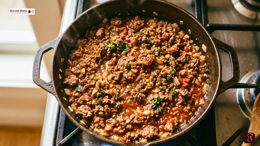 Viande de bœuf haché mijotée avec oignons, ail et coulis de tomate pour un hachis parmentier moelleux.